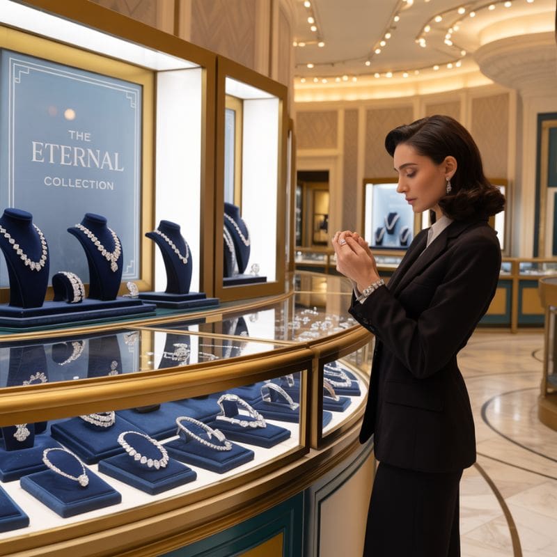 Cliente observando piezas exclusivas en una firma de alta joyería en Madrid y La Moraleja en 2025